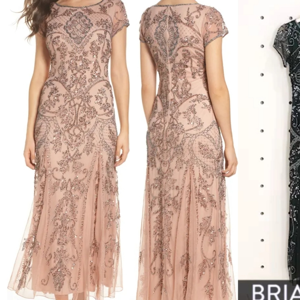NWT Pisarro Nights Beaded Mesh Column Gown, blush size 14